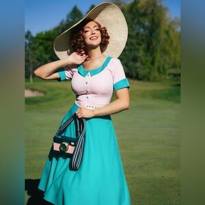 Retro Feminine Pink and Teal Swing Dress